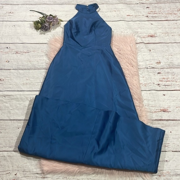 NWT Alfred Sung D772 High Neck Cutout Satin Twill Dress Dusk Blue - Picture 2 of 11